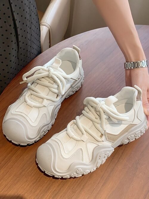 Women's Chunky Mesh Breathable Sneakers – Niche Aesthetic Lace-Up Platform Trainers for Casual Streetwear & Everyday Wear