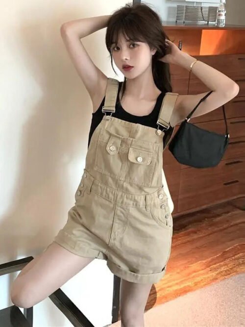 Women's High-Waist Denim Suspender Shorts – Casual Rolled-Hem Workwear Style Shortalls for Summer Streetwear