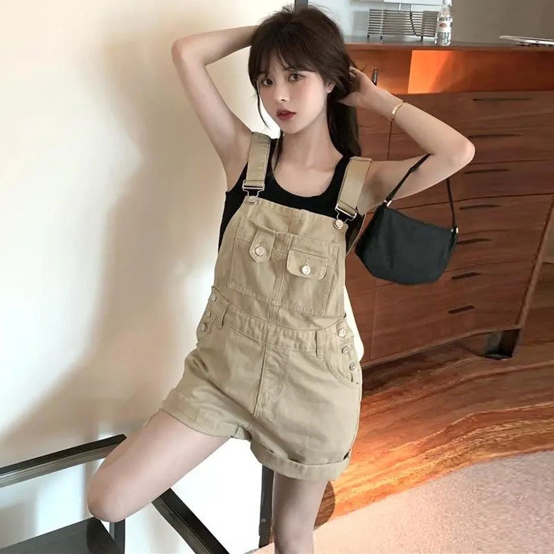 Women's High-Waist Denim Suspender Shorts – Casual Rolled-Hem Workwear Style Shortalls for Summer Streetwear