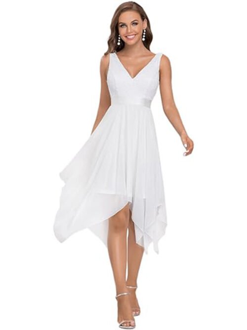 Women's Lace Chiffon Cocktail Ball Gown – V-Neck Hi-Low Asymmetrical Hem Formal Dress, Elegant Wedding Guest & Special Occasion Wear, Plus Sizes Available