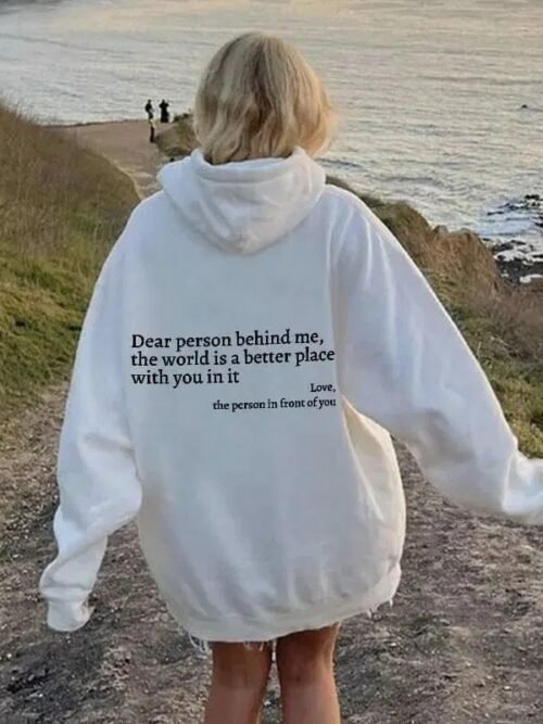 Women's Oversized Fleece-Lined Graphic Hoodie – "Dear Person Behind Me" Letter Print, Drawstring Pullover for Casual & Cozy Everyday Wear