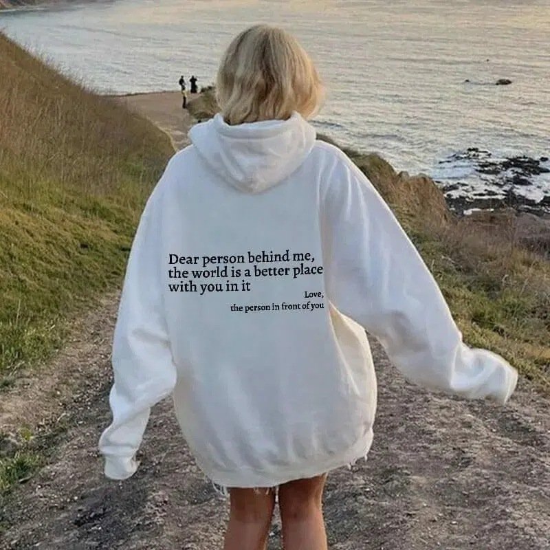 Women's Oversized Fleece-Lined Graphic Hoodie – "Dear Person Behind Me" Letter Print, Drawstring Pullover for Casual & Cozy Everyday Wear