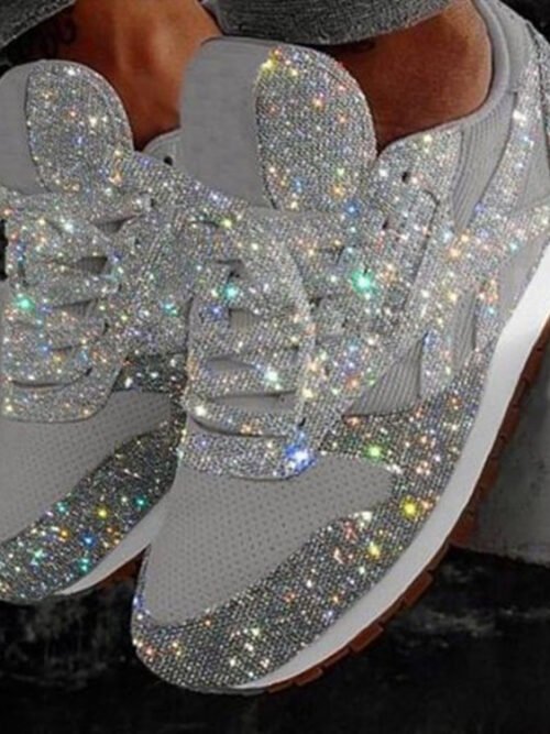 Women's Glitter Sequin Rhinestone Sneakers – Sparkling Crystal Embellished Casual Flat Shoes, Bling Party & Everyday Fashion Footwear, Multiple Colors