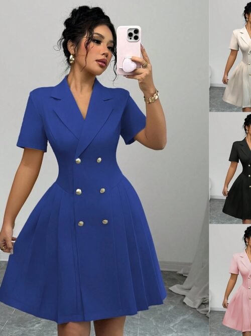 Women's Double Breasted Blazer Dress – Solid Color Short Sleeve Waist-Cinching A-Line Mini Dress, Chic Office & Party Wear, Multiple Colors Available