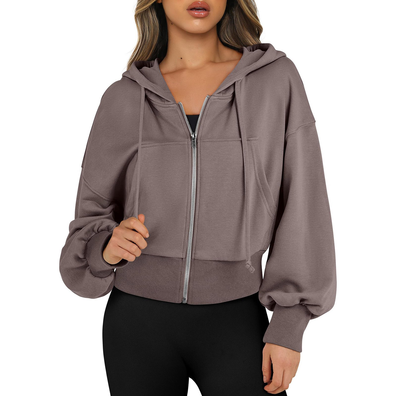 Women’s Cropped Zip-Up Hoodie – Casual Oversized Fleece Jacket with Hood, Soft Lightweight Sweatshirt for Everyday Wear