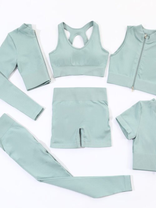 Women's Seamless Knitted Yoga Set – Ribbed Sports Bra + Leggings + Zip Vest + Shorts, 4-Piece Workout Fitness Activewear Suit, Multiple Colors