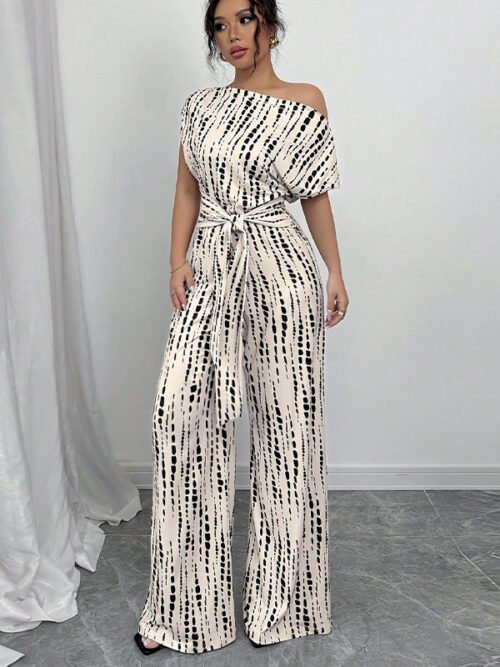 Women's Off-Shoulder Wide-Leg Jumpsuit – Tie-Waist Vacation Style Romper for Summer Resort, Beach & Casual Wear