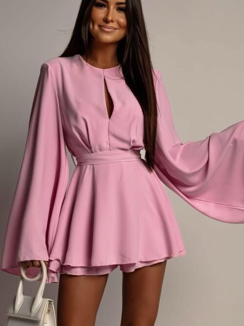 Women's Elegant Backless Flare Sleeve Mini Dress – Keyhole Neckline Waist-Slimming A-Line Short Dress, Chic Fashion Party & Date Night Wear
