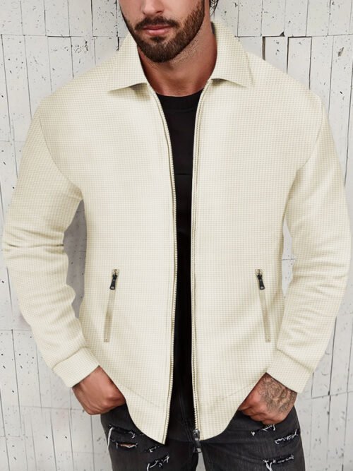 Men's Slim-Fit Zip-Up Cardigan Jacket – Textured Lapel Coat for Smart Casual, Business Casual & Everyday Wear