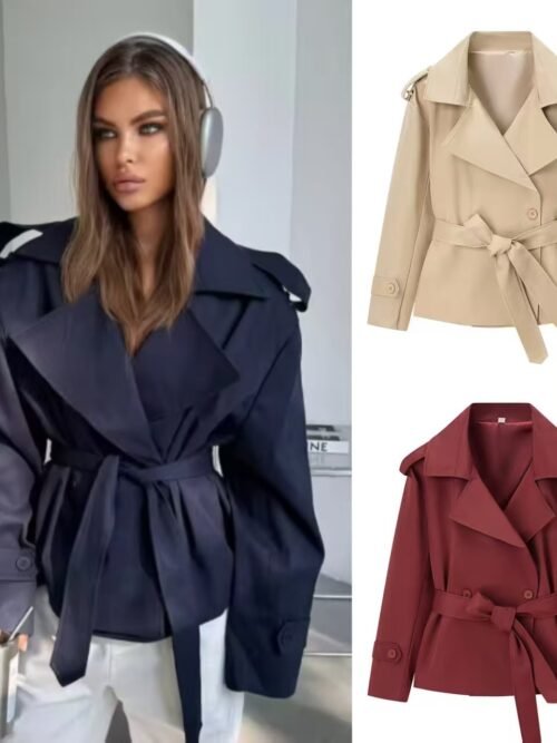 Women's Belted Short Trench Coat – Double-Breasted Cropped Jacket for Fall, Spring Smart-Casual & Office Wear