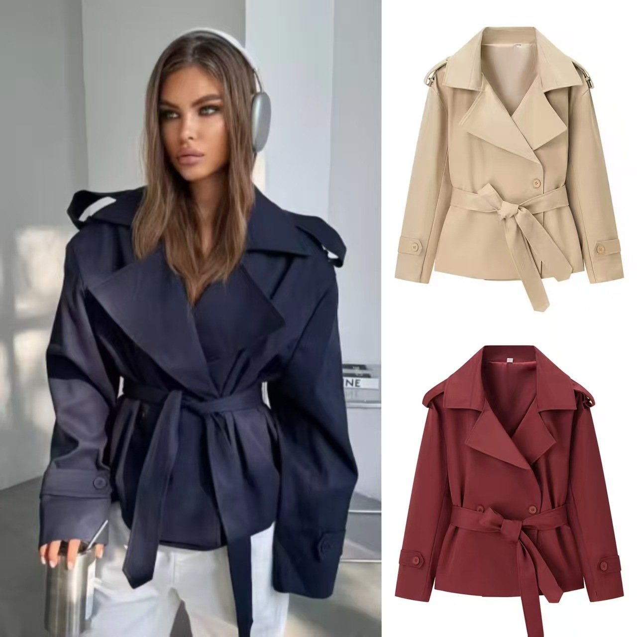Women's Belted Short Trench Coat – Double-Breasted Cropped Jacket for Fall, Spring Smart-Casual & Office Wear