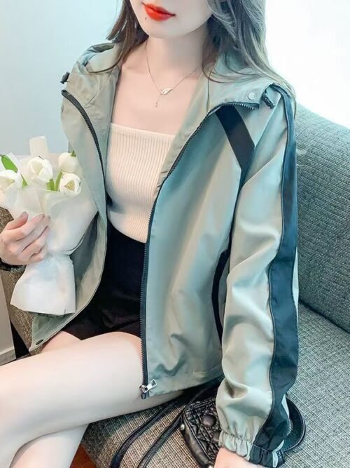 Women's Hooded Color-Block Windbreaker Jacket – Lightweight Zip-Up Shell Coat for Spring, Fall & Outdoor Casual Wear