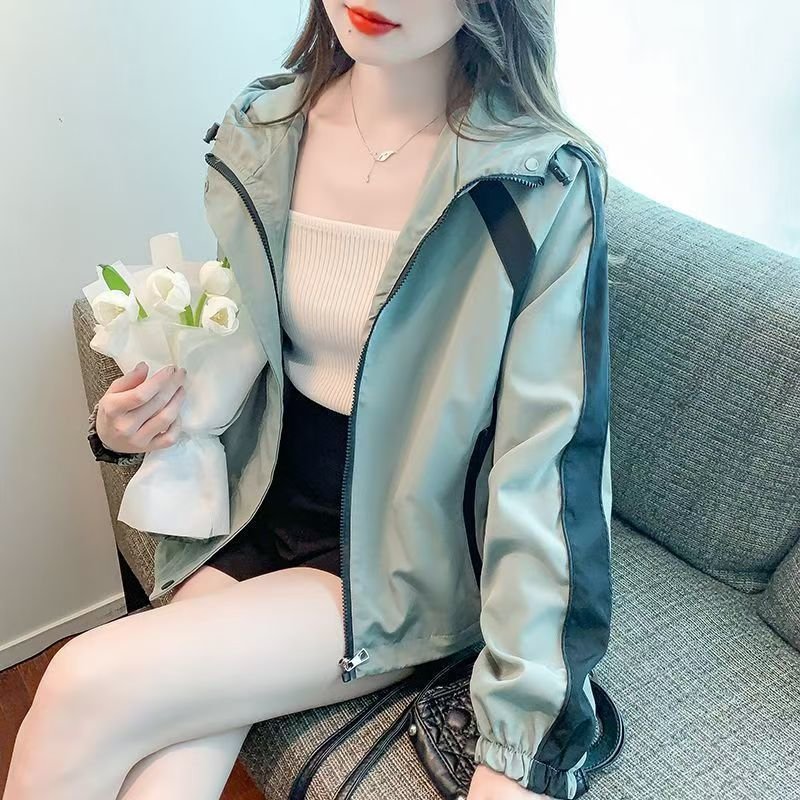 Women's Hooded Color-Block Windbreaker Jacket – Lightweight Zip-Up Shell Coat for Spring, Fall & Outdoor Casual Wear