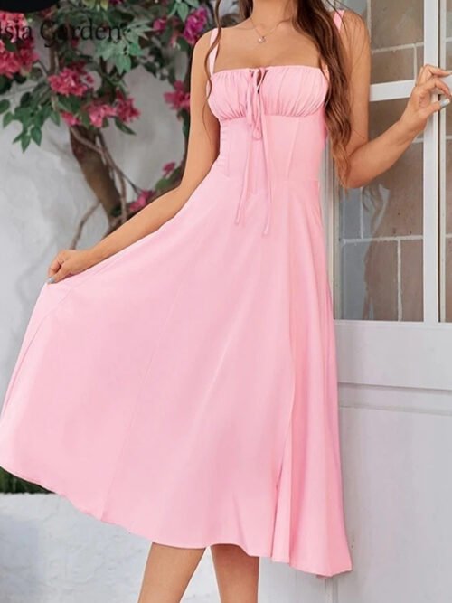 Women's Corset Lace-Up Midi Dress – Spaghetti Strap Sweetheart Neckline A-Line Slit Leisure Dress, Romantic Casual Summer & Vacation Wear