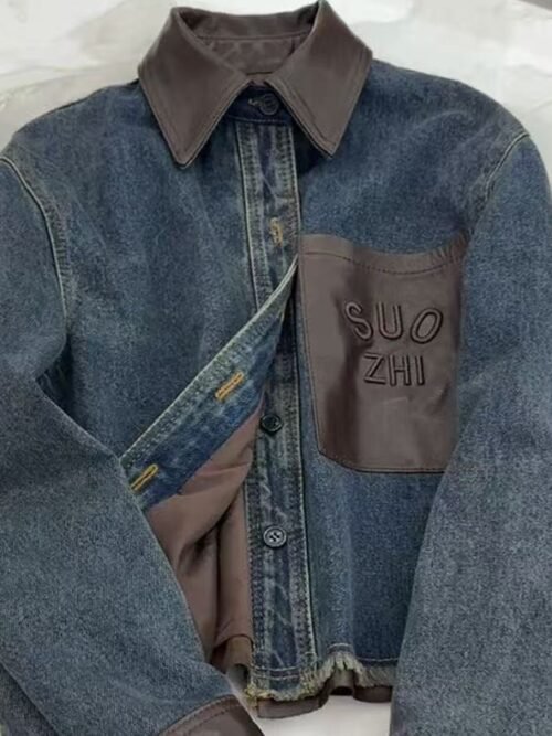 Unisex Patchwork Denim Jacket – Vintage Style Oversized Jean Jacket with Contrast Pocket, Streetwear Fashion Coat