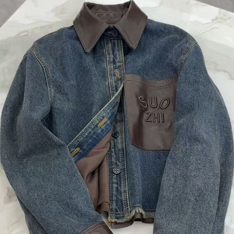 Unisex Patchwork Denim Jacket – Vintage Style Oversized Jean Jacket with Contrast Pocket, Streetwear Fashion Coat