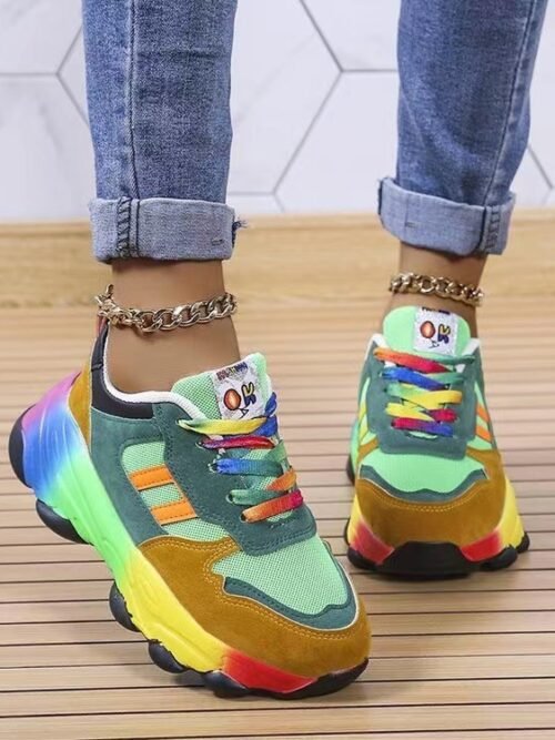 Women's Rainbow Color-Block Dad Sneakers – Chunky Sole Retro Platform Shoes for Casual Streetwear & Everyday Wear