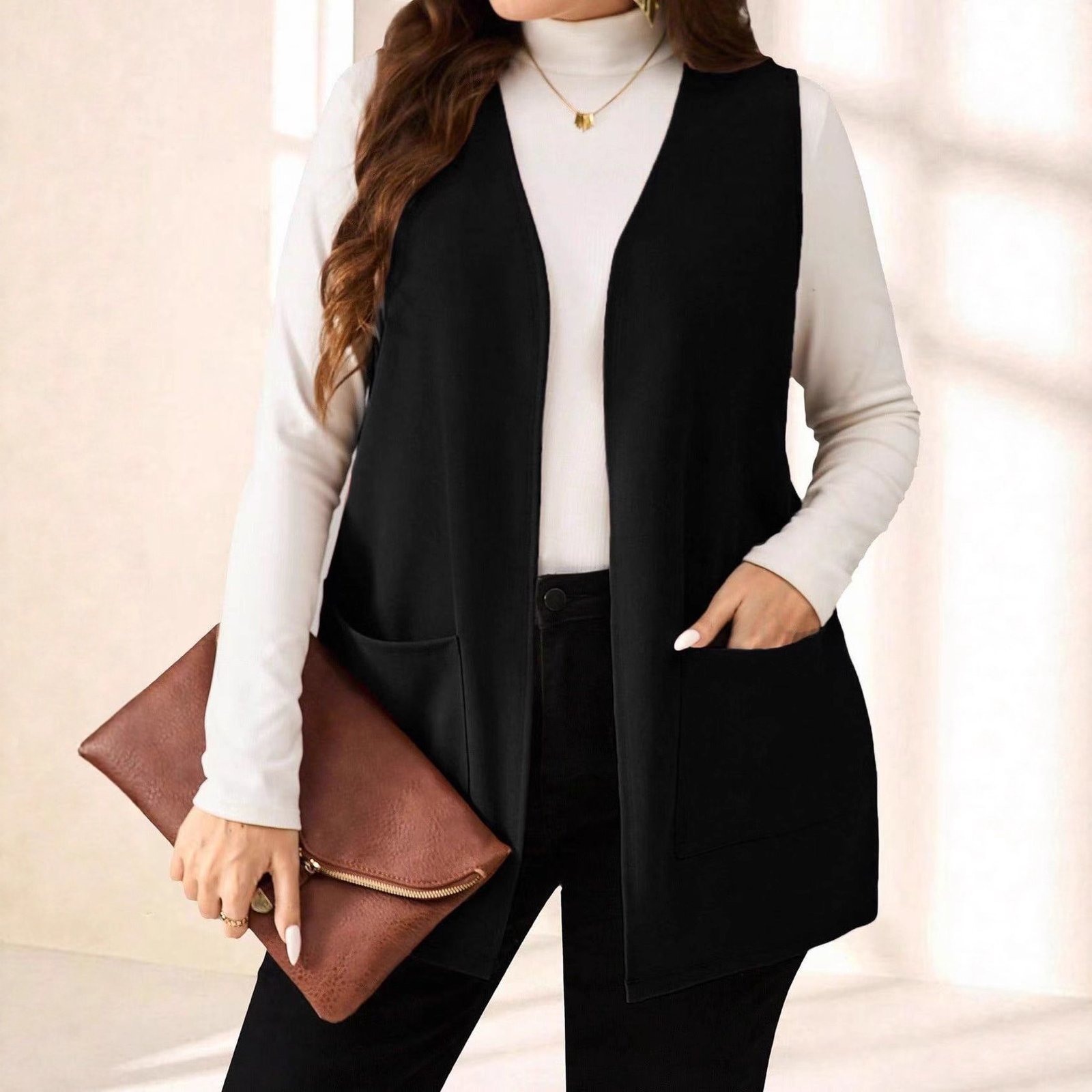 Women's Open-Front Sleeveless Vest Cardigan – Longline Draped Coat for Smart Casual, Office & Everyday Layering