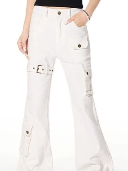 Women's Hip-Hop Cargo Wide-Leg Jeans – Y2K Belt Detail, Baggy Street Style Pants for Summer Casual & Festival Wear