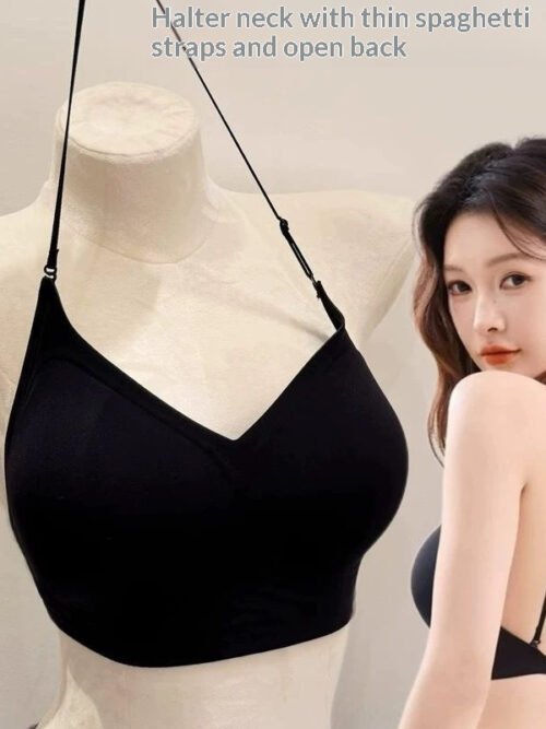 Women's Halter Neck Thin Strap Open Back Bra – Delicate Spaghetti Design for Low-Back & Backless Outfits