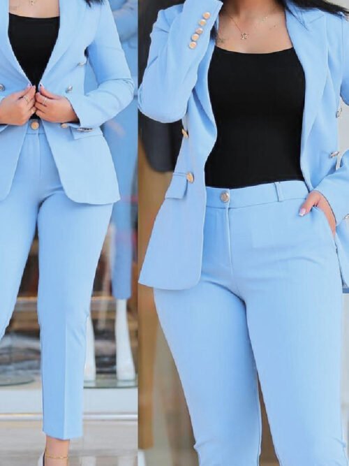 Women's 2-Piece Blazer Pants Suit Set – Casual Professional Double Button Jacket & Straight Leg Trousers, Elegant Office & Evening Wear, Multiple Colors