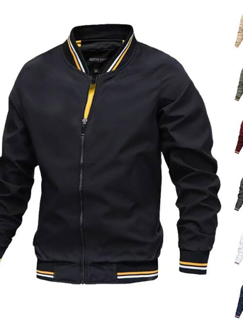Men's Striped Zip-Up Bomber Jacket – Casual Baseball Style Outerwear with Pockets for Spring, Fall & Everyday Streetwear