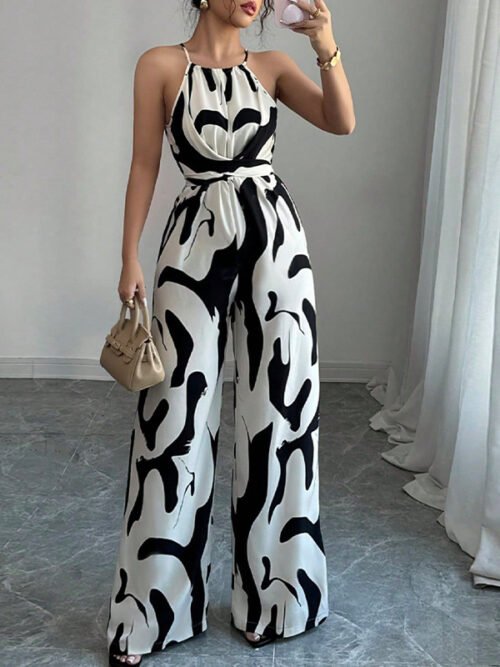 Women's Zebra Print Halter Neck Jumpsuit – Wide-Leg Suspender Romper for Summer Vacation, Resort & Casual Wear