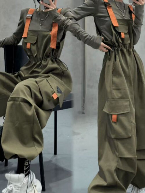 Women's Cargo Suspender Wide-Leg Pants – Techwear Workwear Style, Multi-Pocket Baggy Trousers for Streetwear & Casual Wear