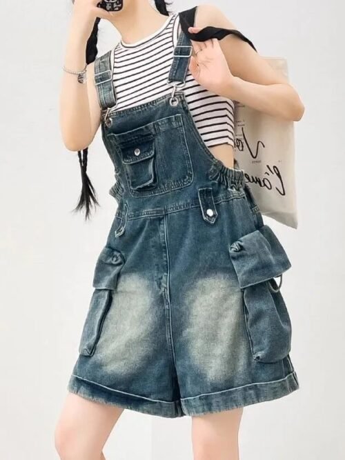 Women's Vintage Denim Shortall Overalls – Y2K Cargo Style, Wide-Leg Short Jumpsuit for Summer Casual & Streetwear