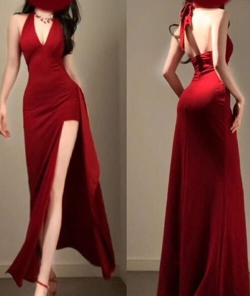 Women's Elegant Halter Backless Maxi Dress – Waist-Cinching Figure-Flattering High Slit Evening Gown, Sexy Formal Party & Red Carpet Dress