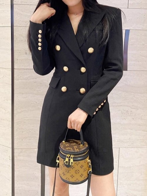 Women's Professional Black Blazer Suit Dress – Double-Breasted Gold Button Long Sleeve Mini Dress, Elegant Office Business Formal & Cocktail Party Wear